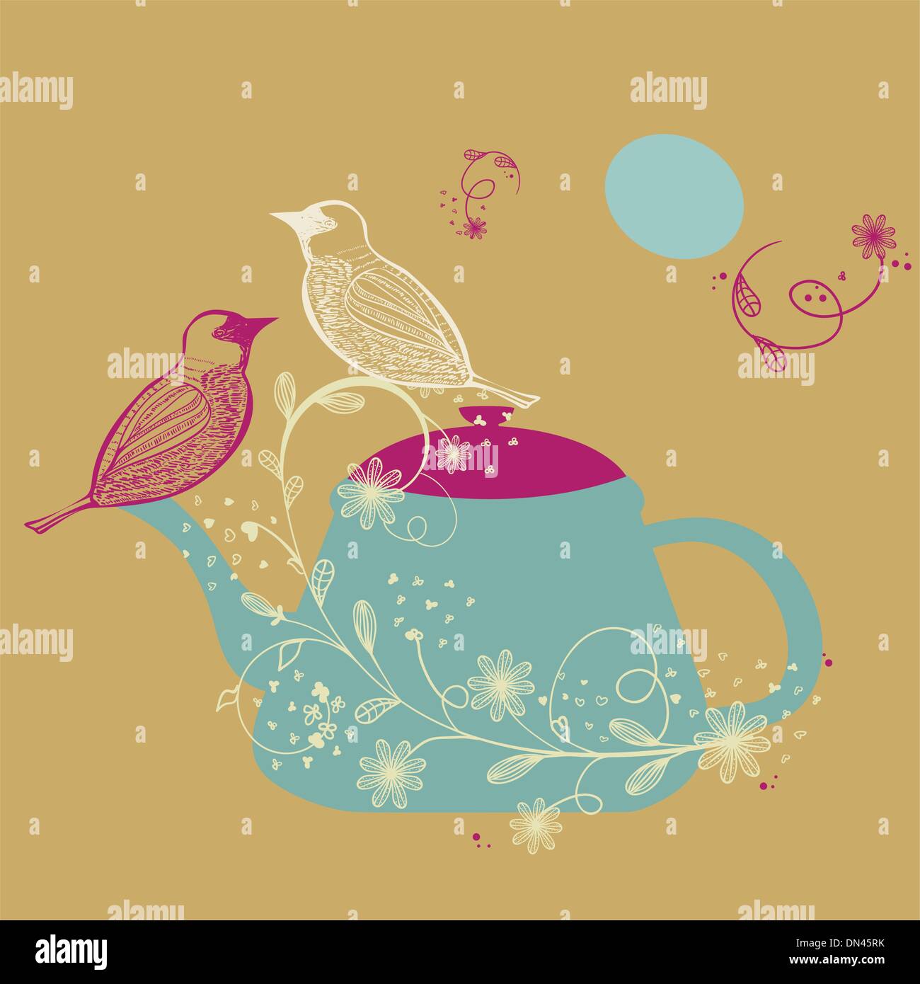 Vögel-paar auf die Teekanne hand gezeichnete Vektor-illustration Stock Vektor