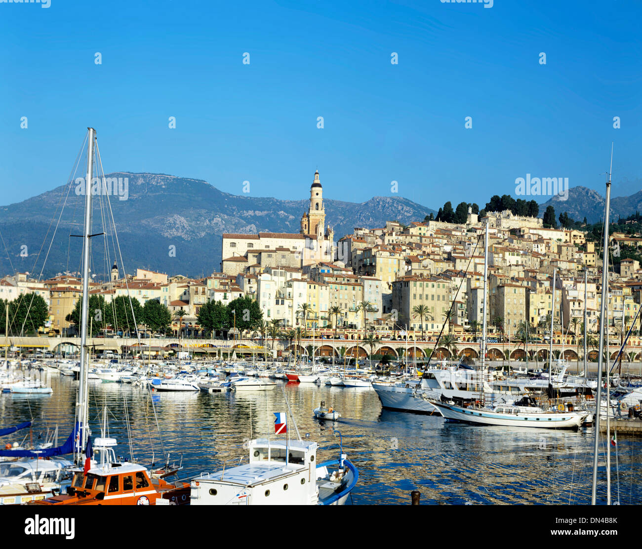 Blick auf den Hafen und Altstadt, Menton, Côte d ' Azur, Frankreich Stockfoto