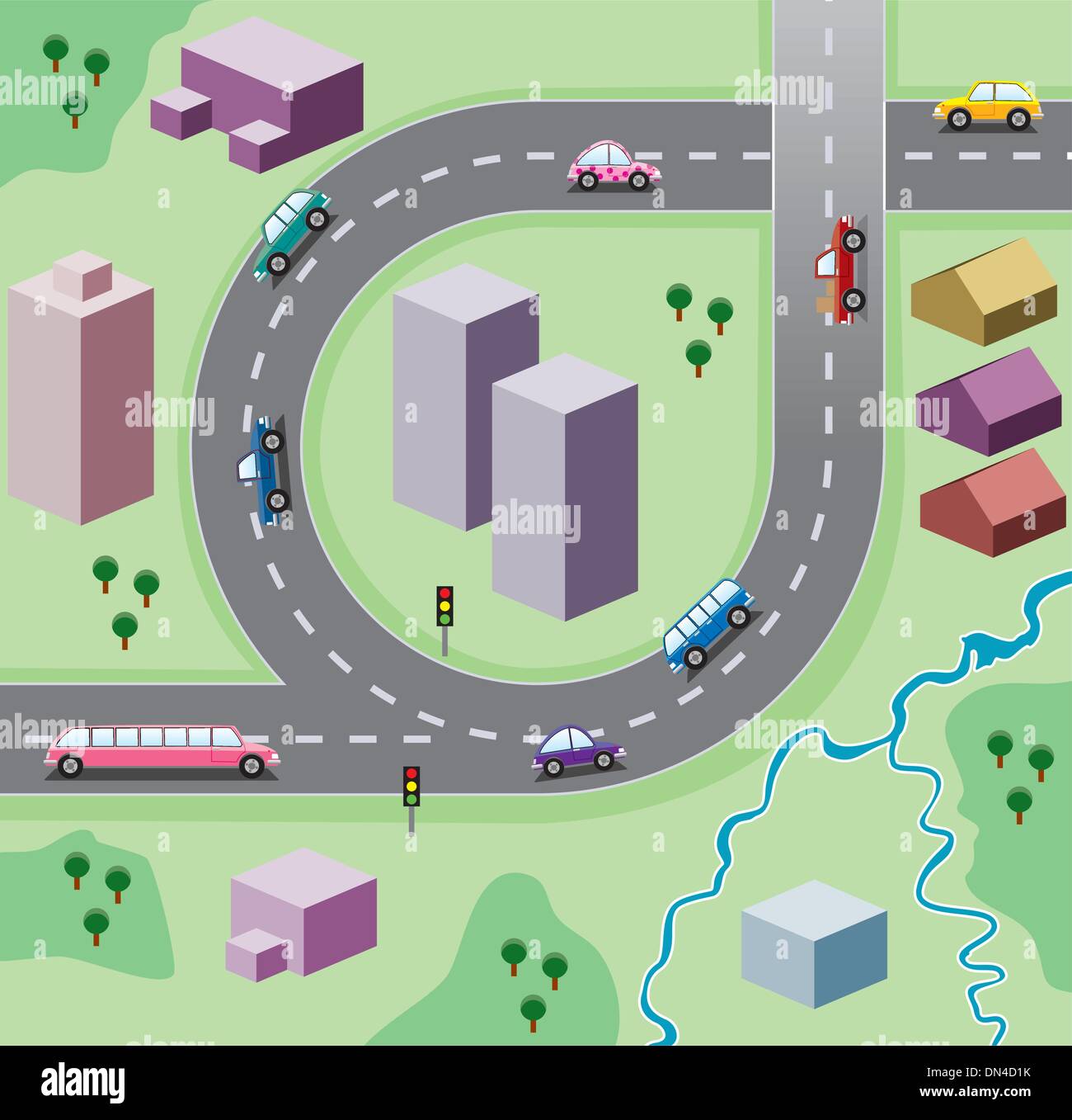 Vektor-Illustration mit Häusern und Autos auf der Straße Stock Vektor