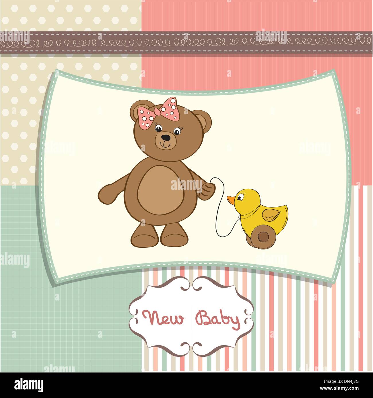 Willkommen Sie Baby-Karte mit Mädchen Teddy Bär und ihre Ente Stock Vektor