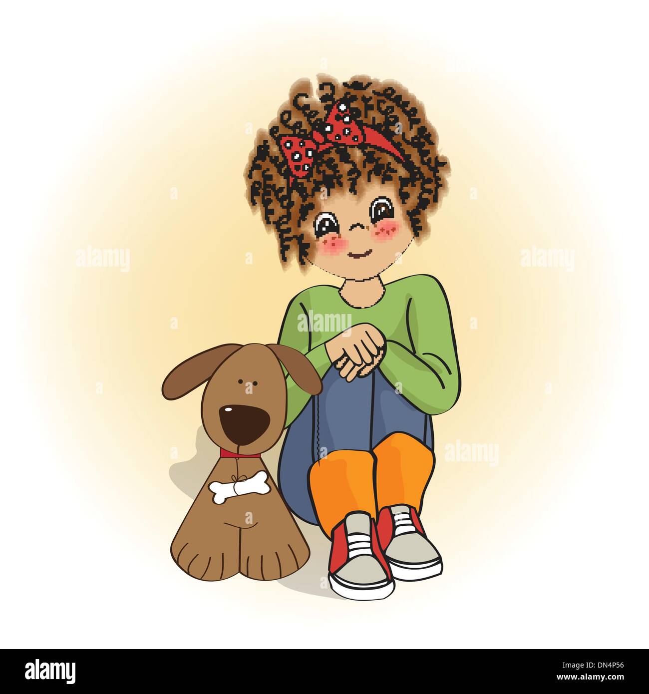 lockig, kleines Mädchen und ihr Hund Stock Vektor