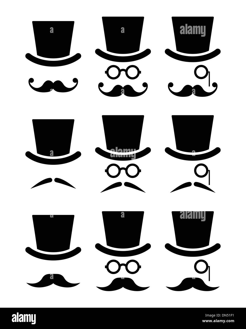 Schnurrbart oder Bart mit Hut und Brille Icons set Stock Vektor