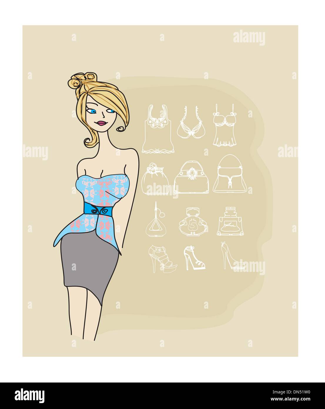 elegante Mädchen - Mode-shopping-Ikone doodle set Stock Vektor
