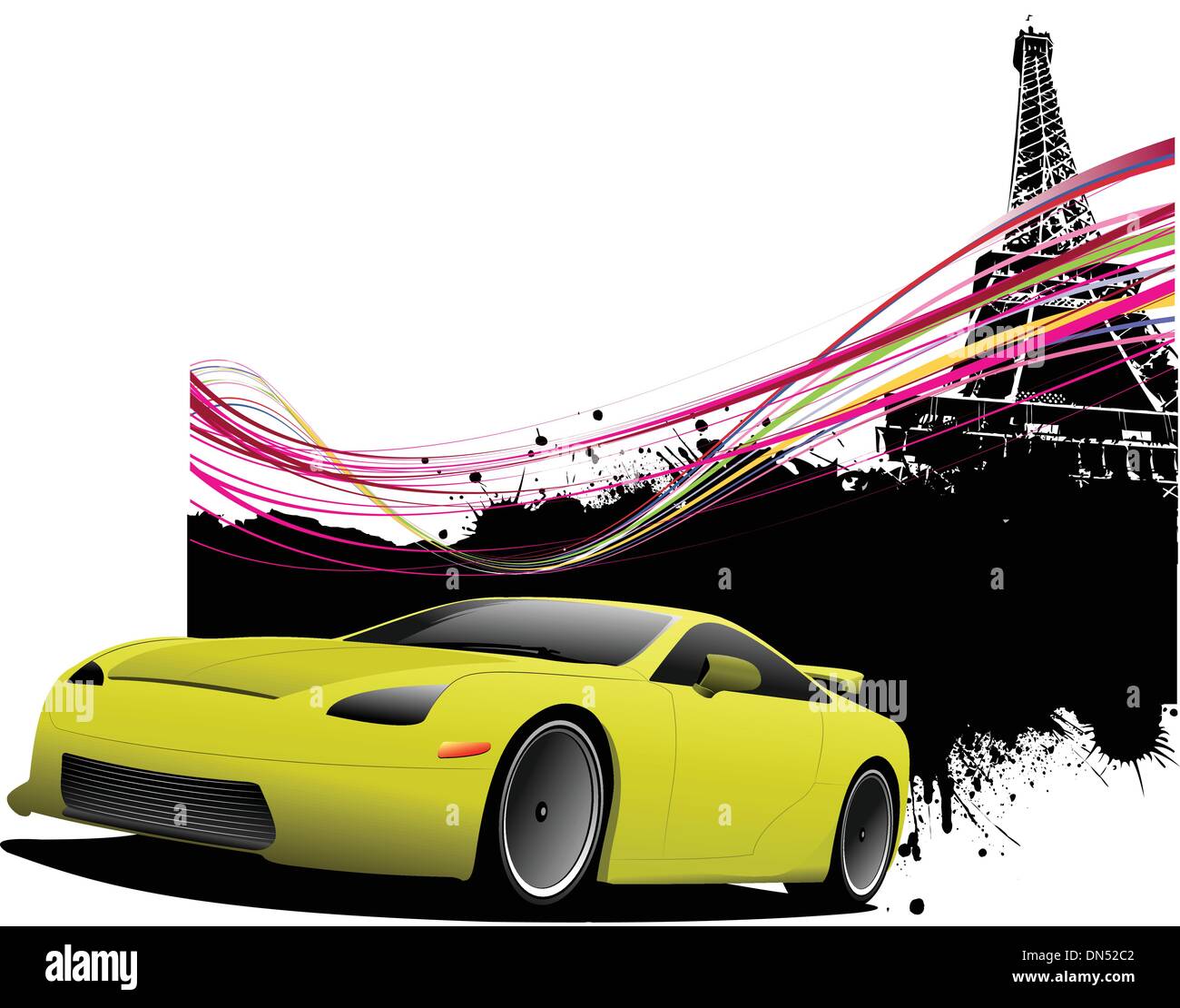 Gelbes Auto auf Paris Bildhintergrund. Vektor Interessenvertreter Stock Vektor
