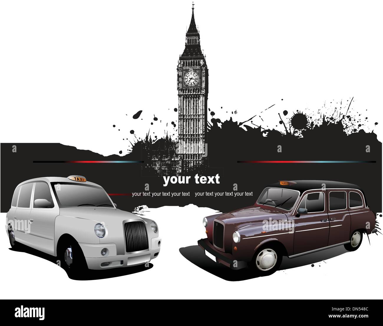 London-Hintergrund mit Big Ben und zwei Taxis. Vektor-illustra Stock Vektor