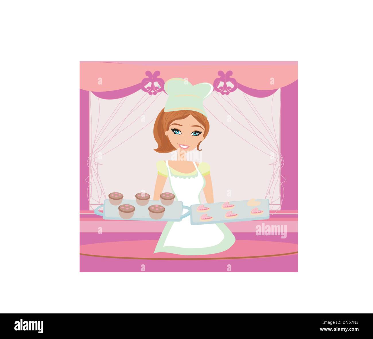 schöne Verkäuferin in einer Bäckerei Stock Vektor