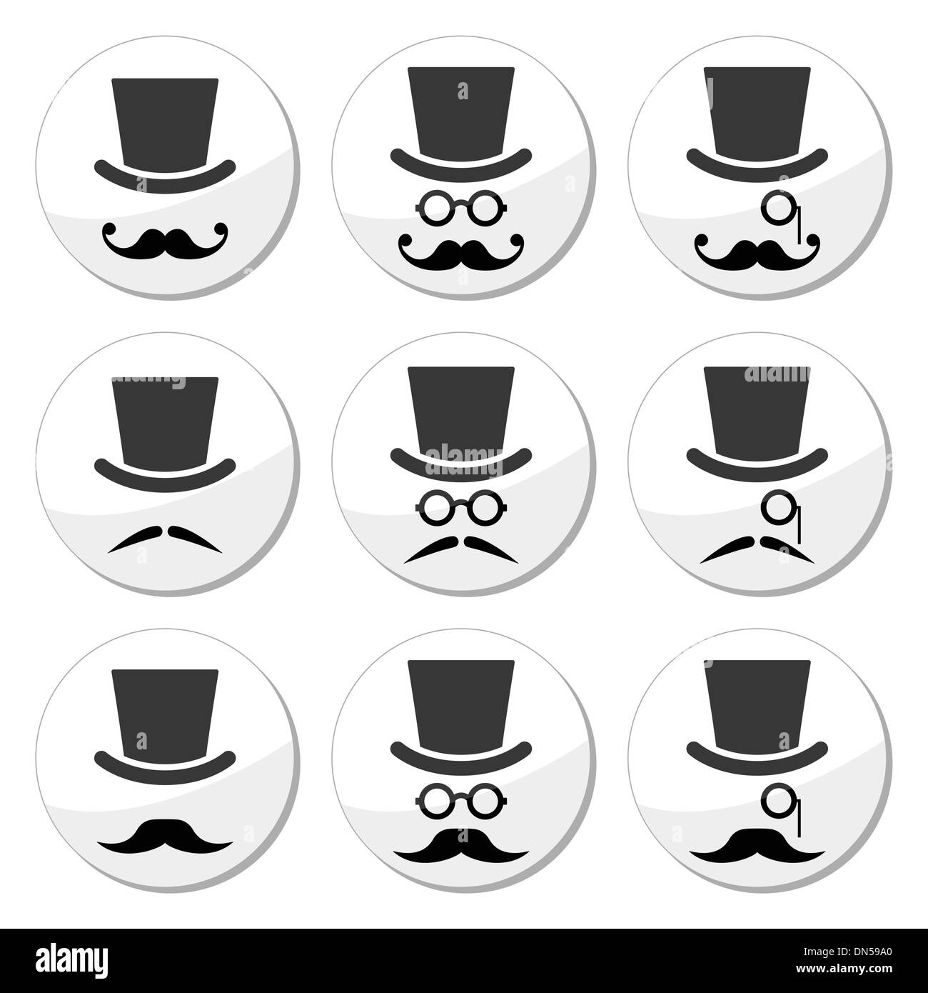 Schnurrbart oder Bart mit Hut und Brille Icons set Stock Vektor