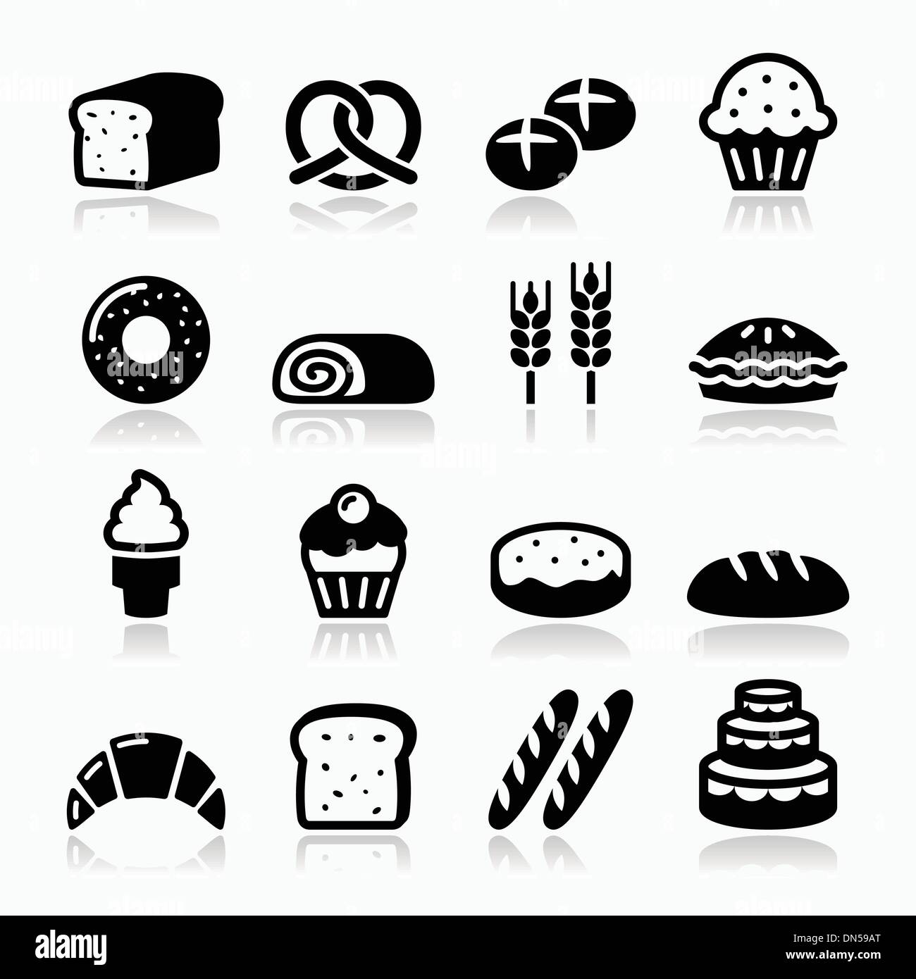 Bäckerei, Konditorei Icons Set - Krapfen, Kuchen, Brot, Kuchen Stock Vektor