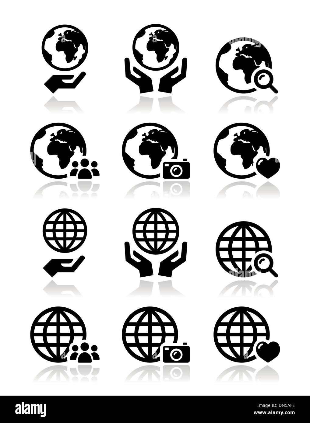 Globus Erde mit Händen Vektor-Icons Set mit Reflexion Stock Vektor