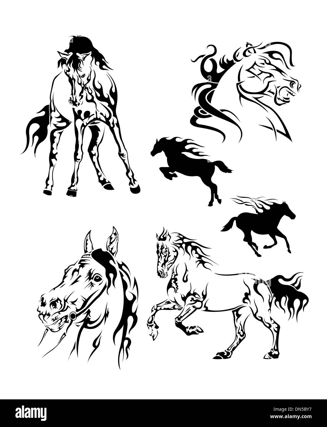 eingestellt von schwarzen und weißen Tattoos in der Form eines Pferdes auf einem weißen Hintergrund Stock Vektor