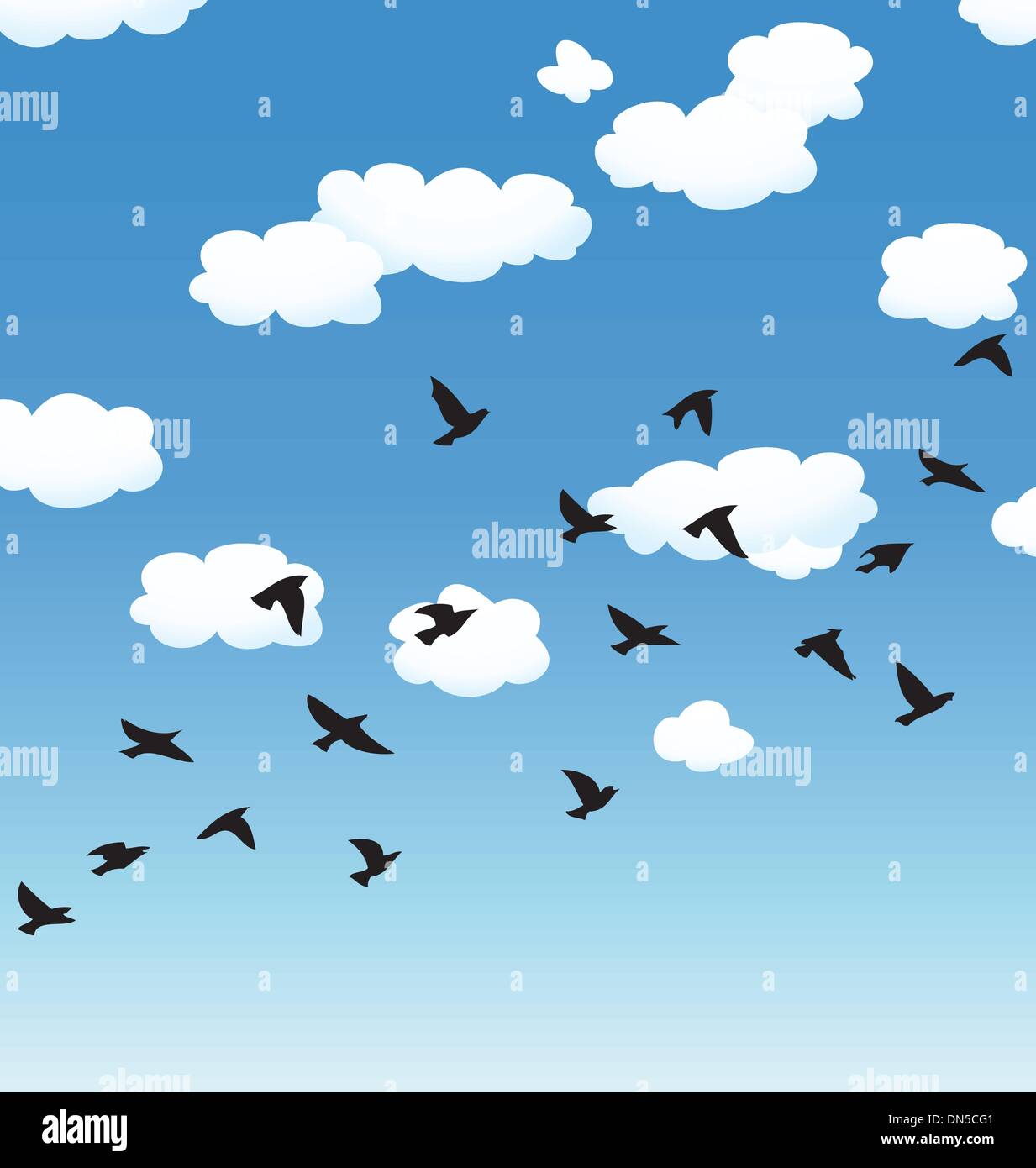 Vektor, fliegende Vögel und Wolken am Himmel Stock Vektor