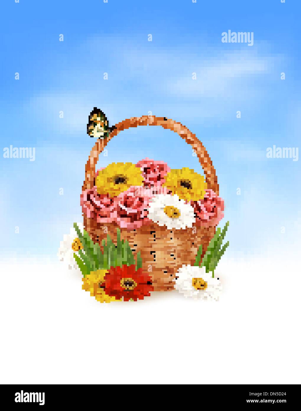 Urlaub-Hintergrund. Korb voller Blumen mit einem Schmetterling. VEC Stock Vektor