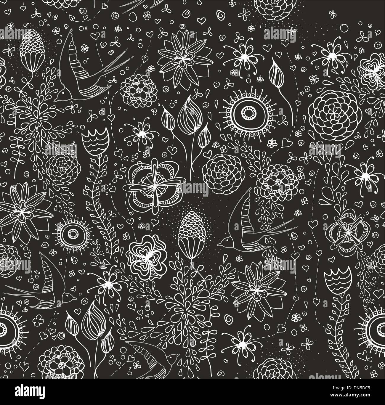 nahtlose niedliche Muster mit Blumen und Schwalben. Stock Vektor