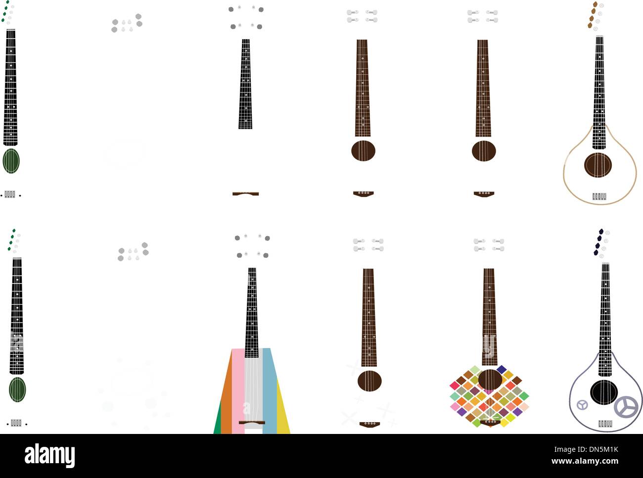 Eine Reihe von schönen Ukulele Gitarren auf weißem Hintergrund Stock Vektor
