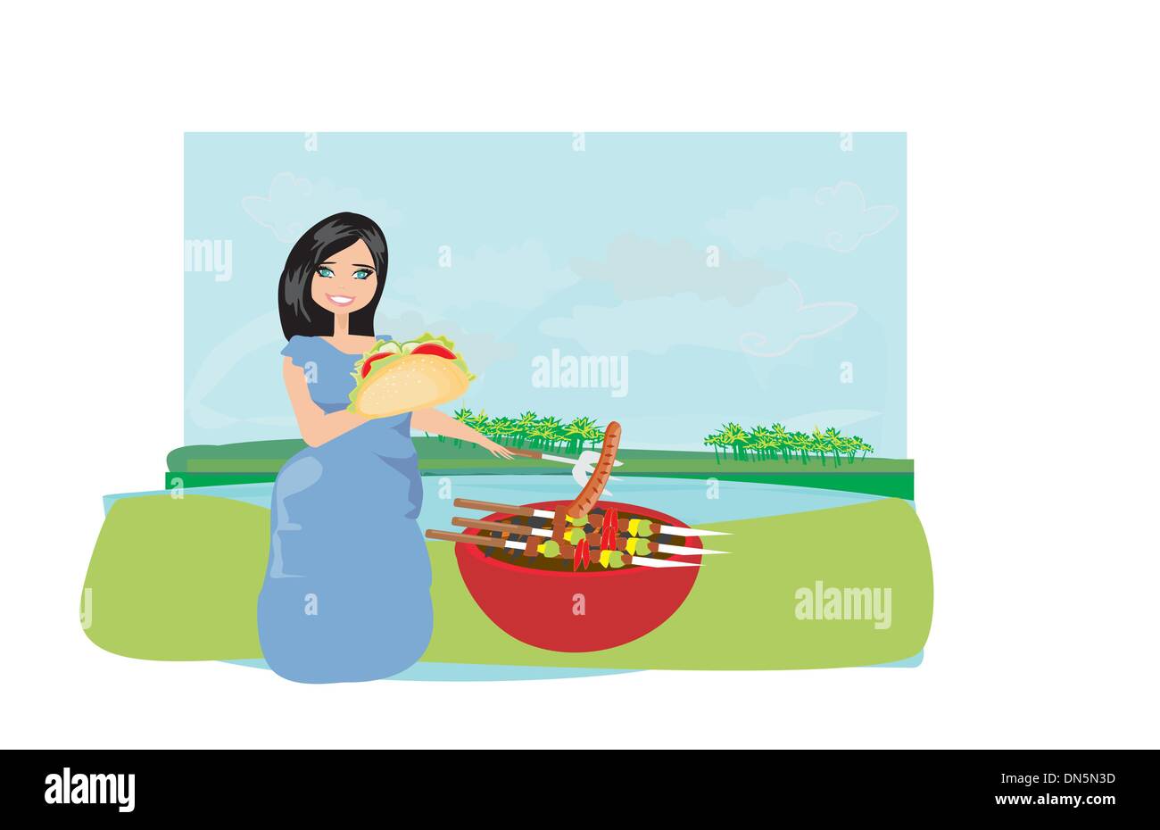 Frau, Kochen auf dem grill Stock Vektor