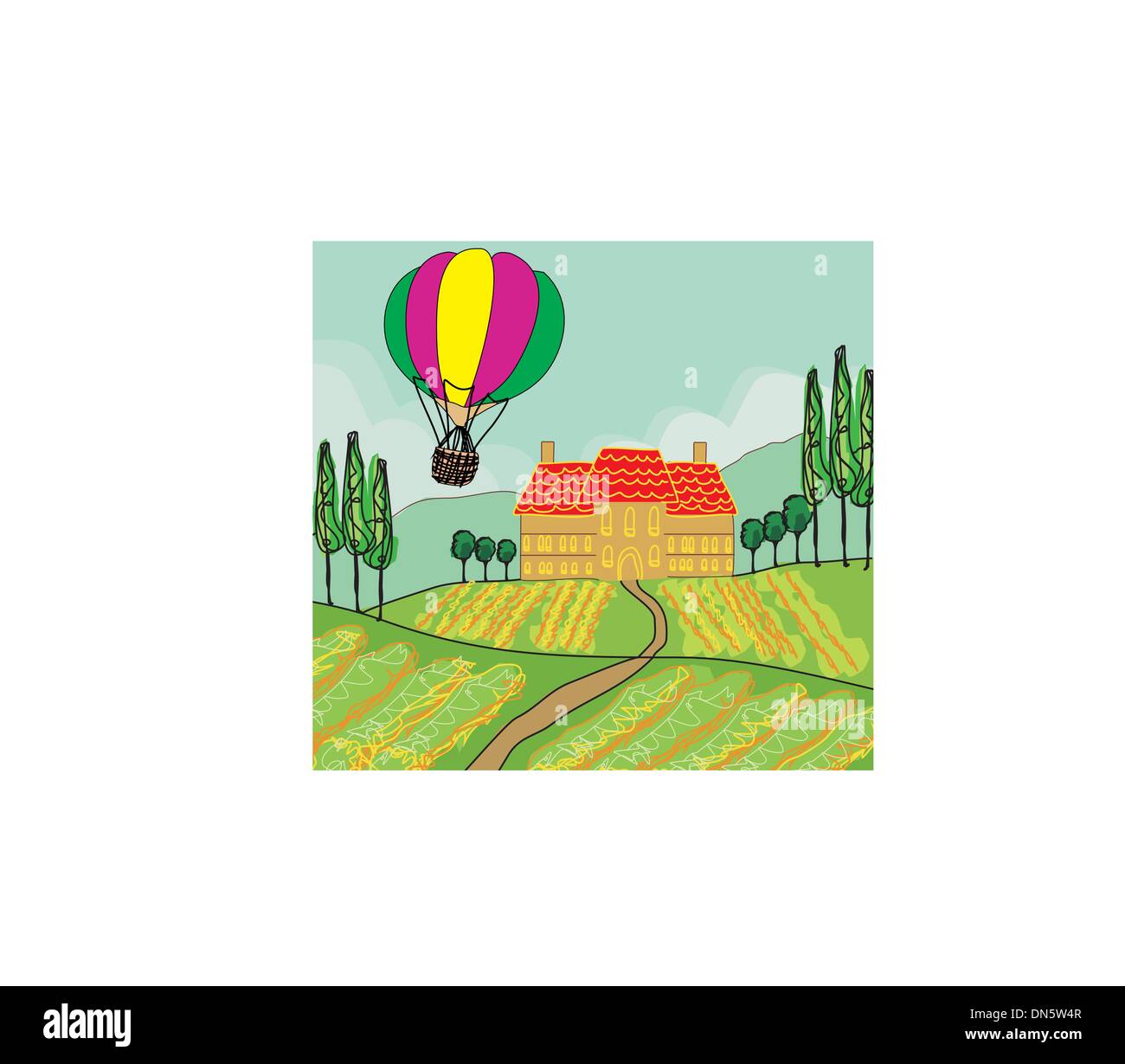 Fantasielandschaft mit Heißluftballons Stock Vektor