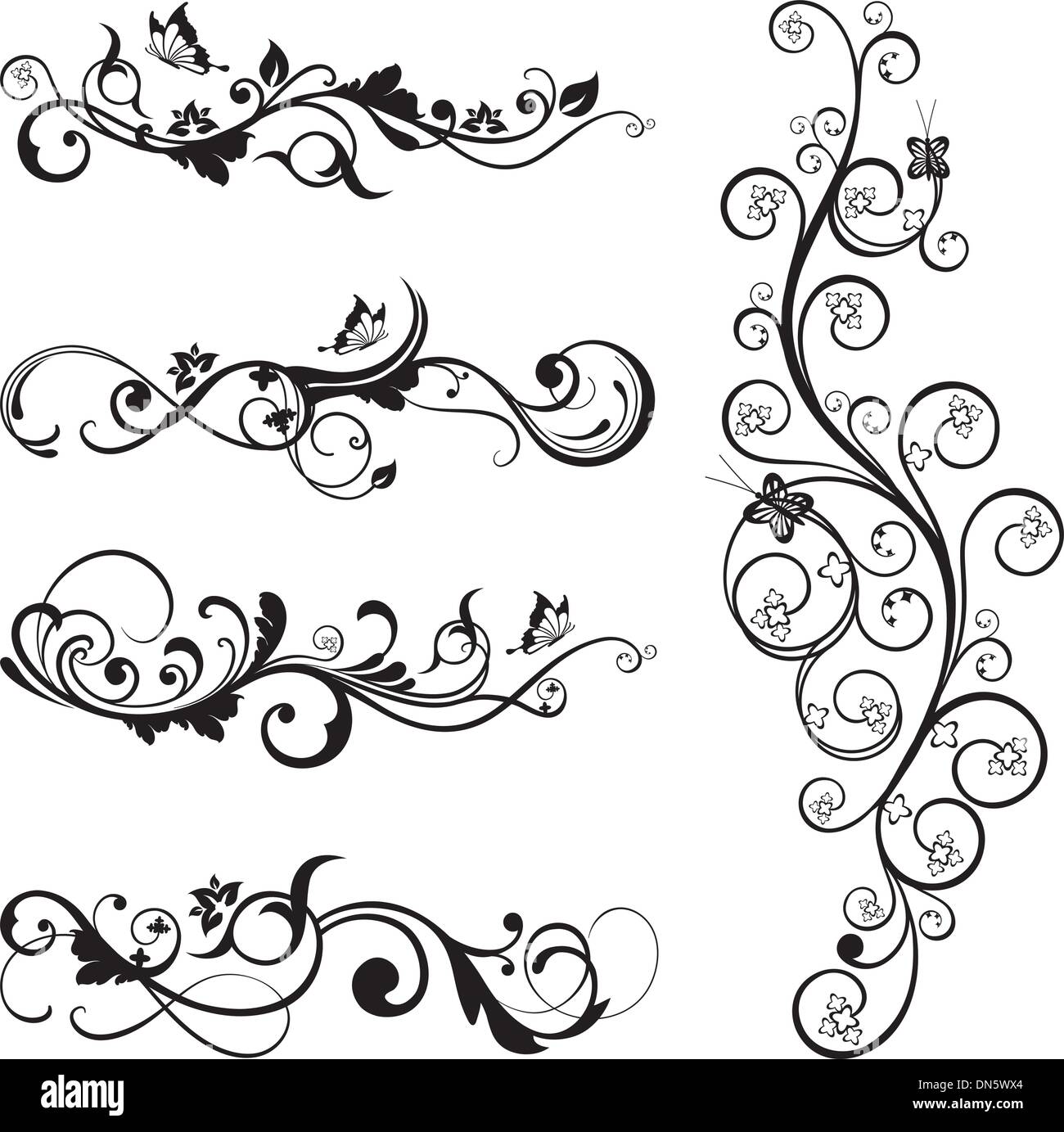 Sammlung von Vintage floral Silhouette Designs mit Schmetterlingen Stock Vektor