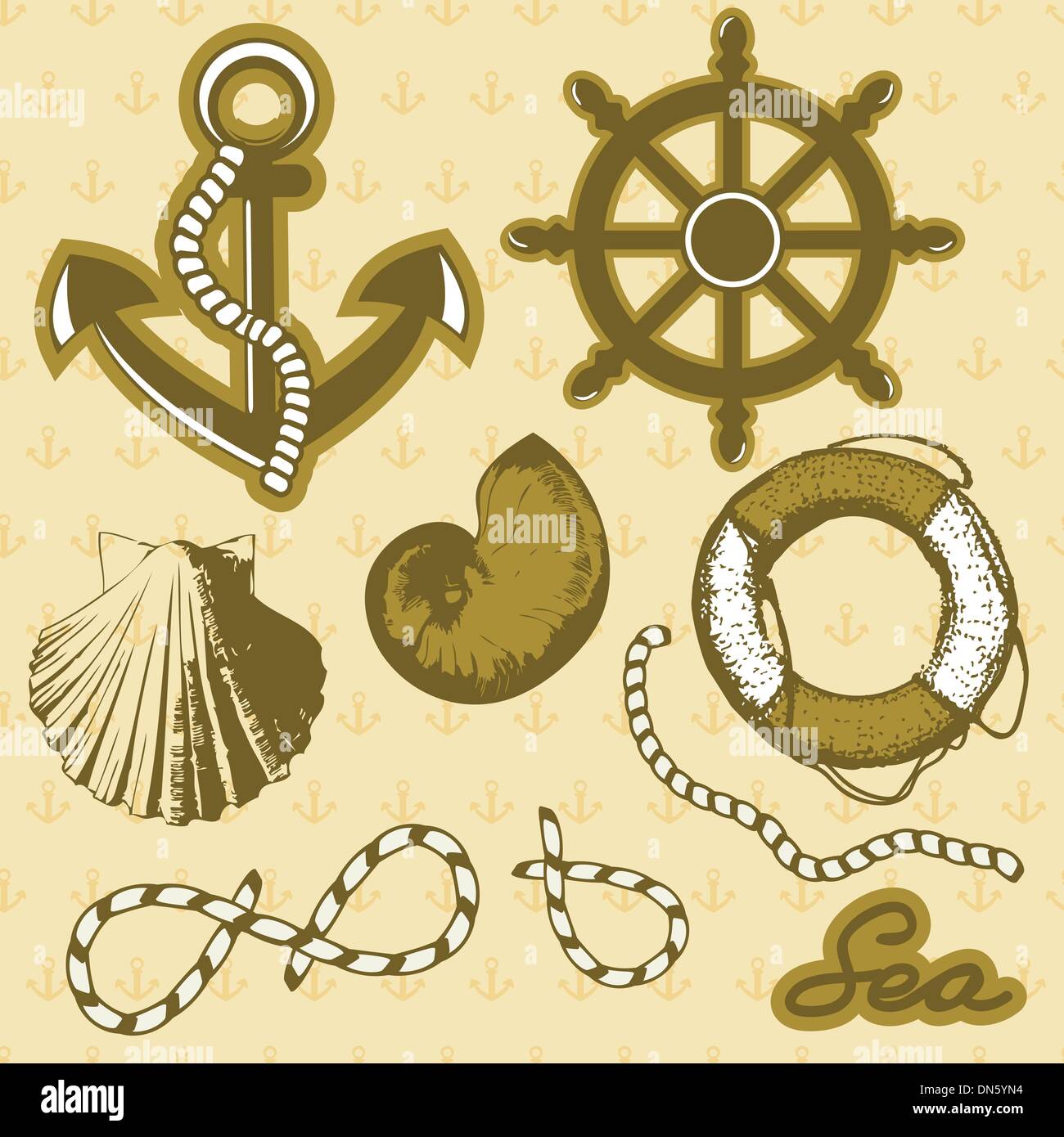Vintage marine-Elemente festlegen. Anker, Seil, Rad und Schalen enthält. Stock Vektor