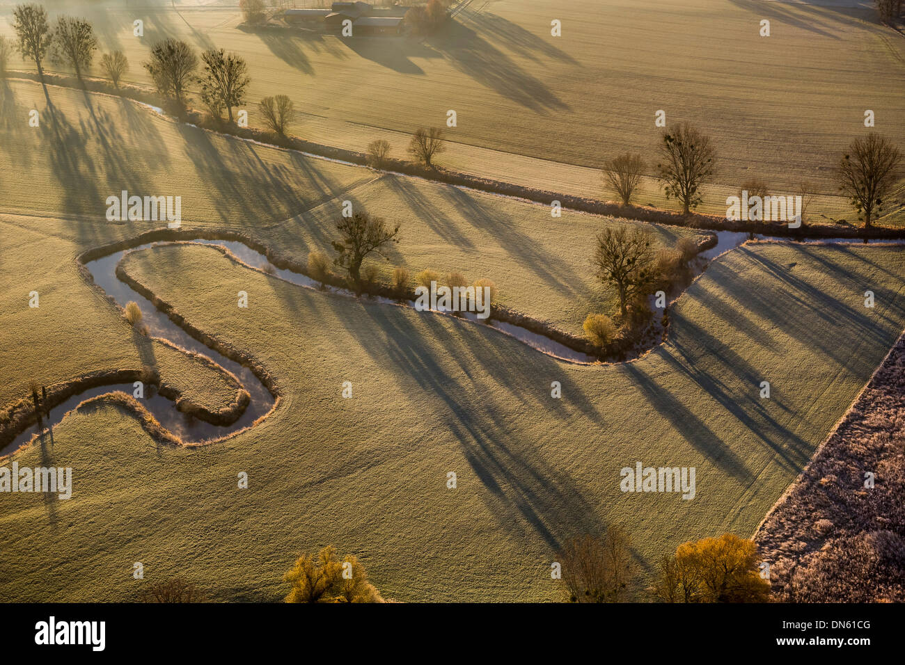 Luftbild, Verlauf des Flusses Ahse mit Mäander, Renaturierung, Hamm, Ruhr und Umgebung, Nordrhein-Westfalen, Deutschland Stockfoto