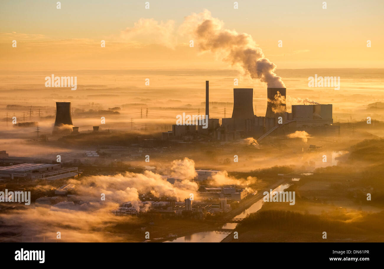 Luftbild, Sonnenaufgang, Kraftwerk Westfalen-Kraftwerk von RWE Power, Hamm, Ruhr und Umgebung, Nordrhein-Westfalen, Deutschland Stockfoto