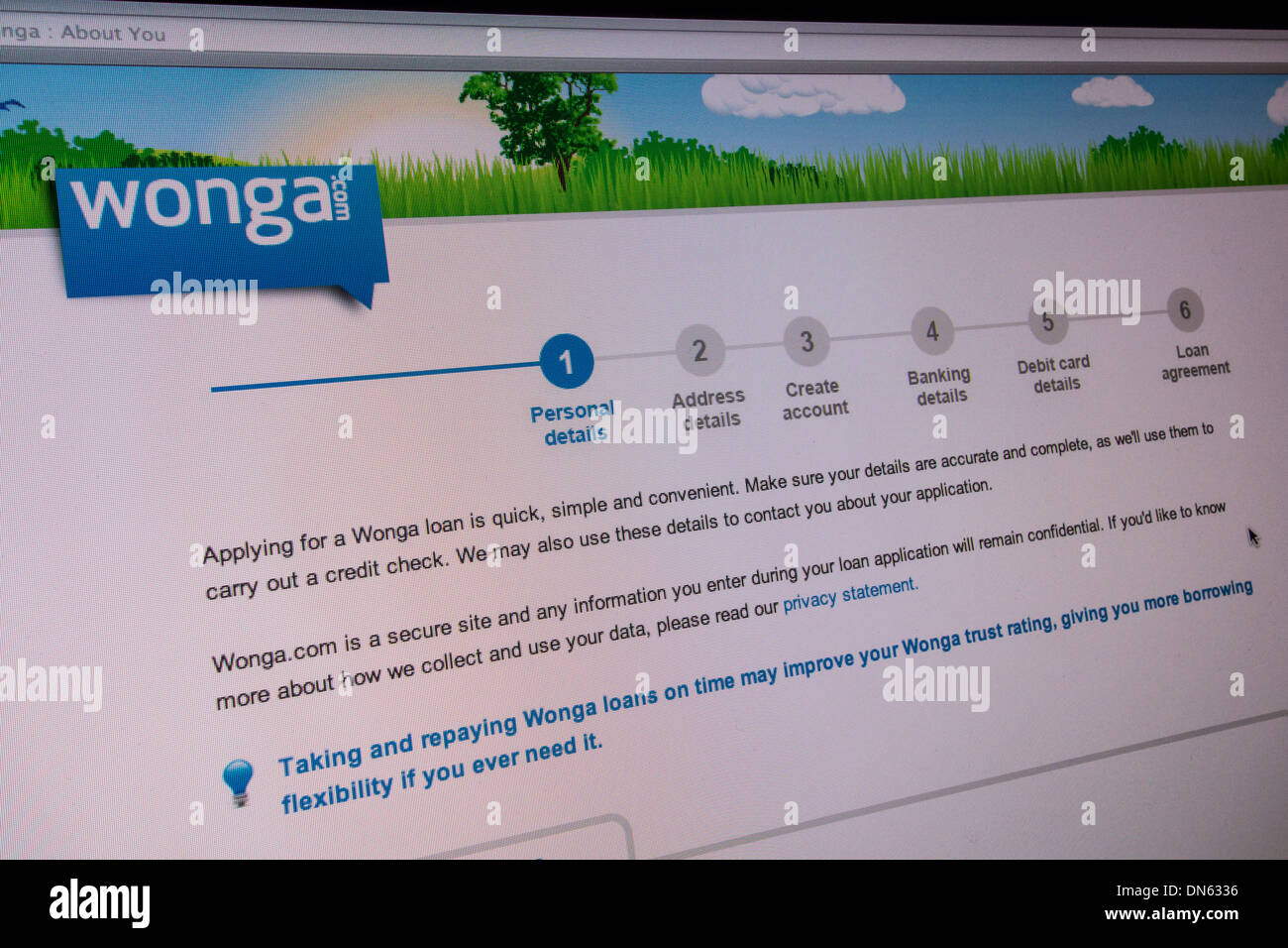 Screenshot der Wonga.com Website. Sie sind Zahltag Darlehen bieten kurzfristige Kredite mit hohen Zinsen. Stockfoto