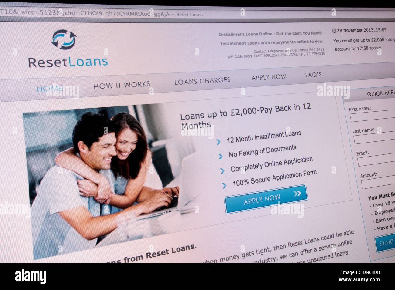Screenshot der ResetLoans Website. Sie sind Zahltag Darlehen bieten kurzfristige Kredite mit hohen Zinsen. Stockfoto