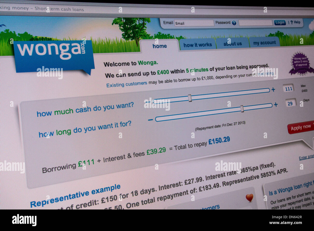 Screenshot der Wonga.com Website. Sie sind Zahltag Darlehen bieten kurzfristige Kredite mit hohen Zinsen. Stockfoto