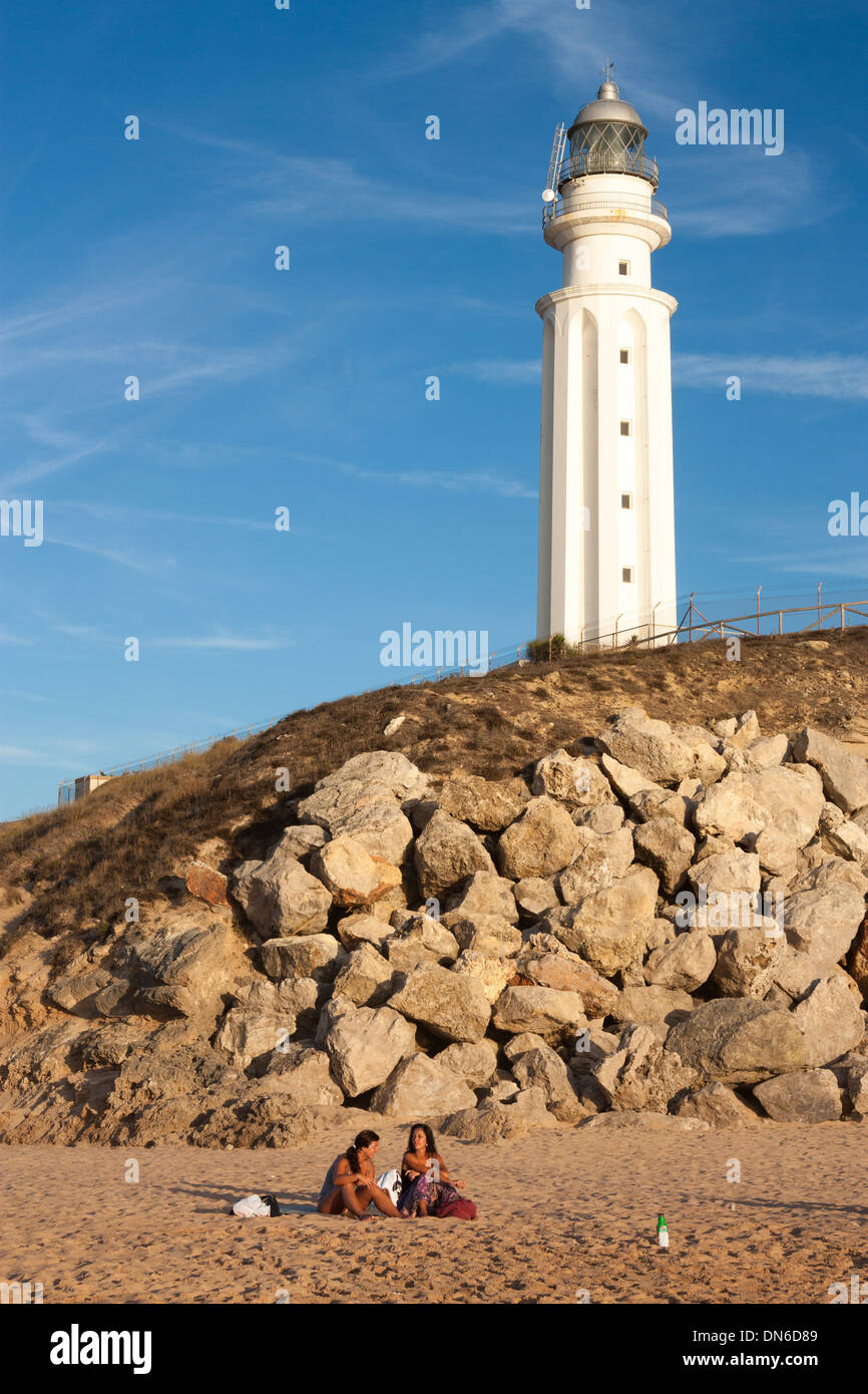 Cabo de Trafalgar Leuchtturm und Strand. Caños de Meca. Cádiz. Andalucia. Spanien. Stockfoto