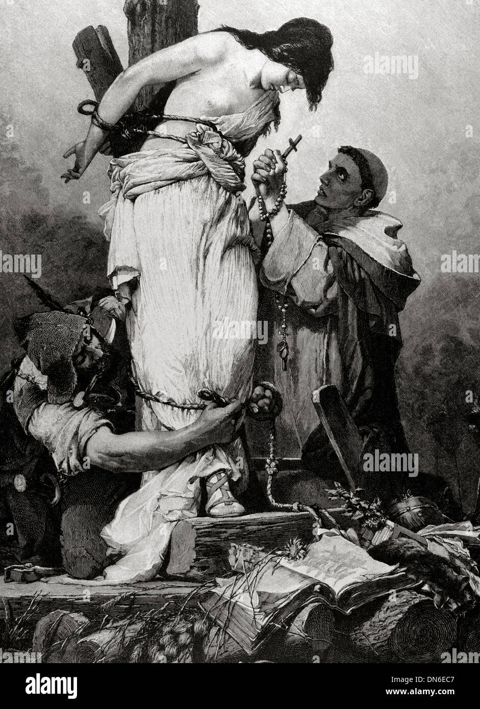 Jeanne d ' Arc (1412-1431) verbrannt auf dem Scheiterhaufen wegen Ketzerei. Kupferstich von R. Brend'Amour. "La Ilustracion Iberica", 1885. Stockfoto