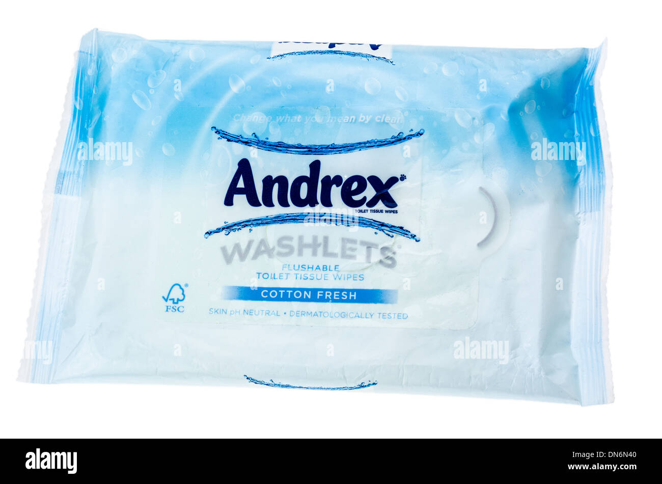 Paket von Andrex Washlets, feuchtes Toilettenpapier. Stockfoto