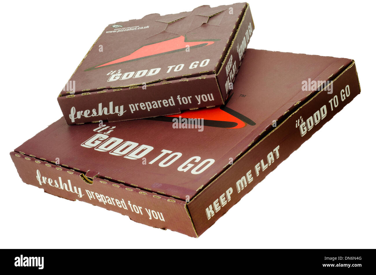 Pizza in einer Box von Pizza Hut. Stockfoto