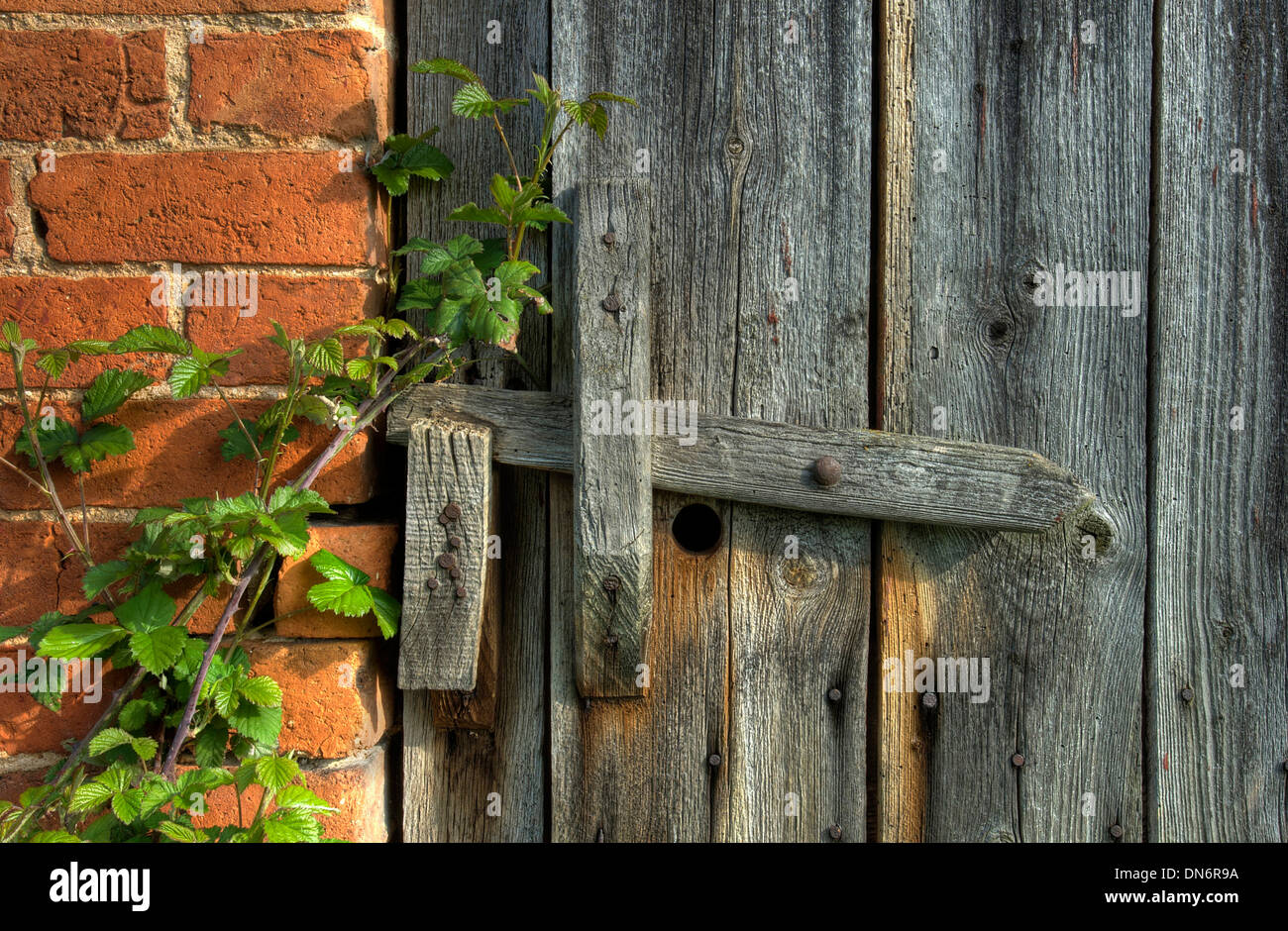 Alte Scheune-Tür mit hölzernen Riegel, Worcestershire, England. Stockfoto