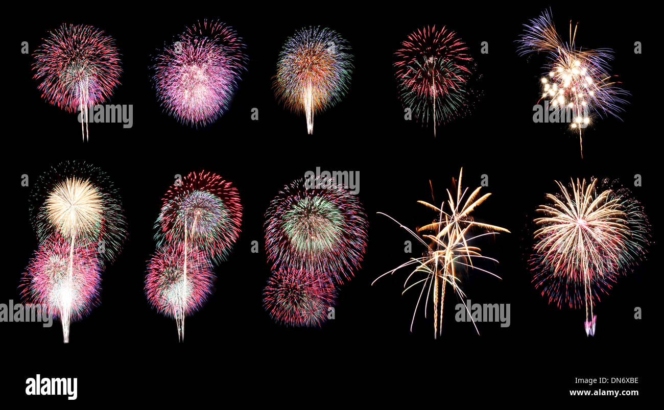 Vielzahl von Farben Feuerwerk oder Feuerwerkskörper in zehn verschiedene. Stockfoto