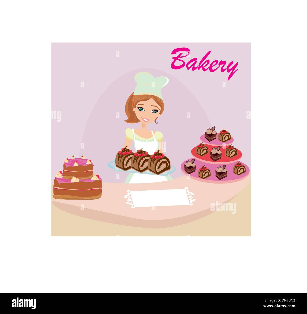 Bäckerei speichern - Verkäuferin mit Schokolade Kuchen Stock Vektor