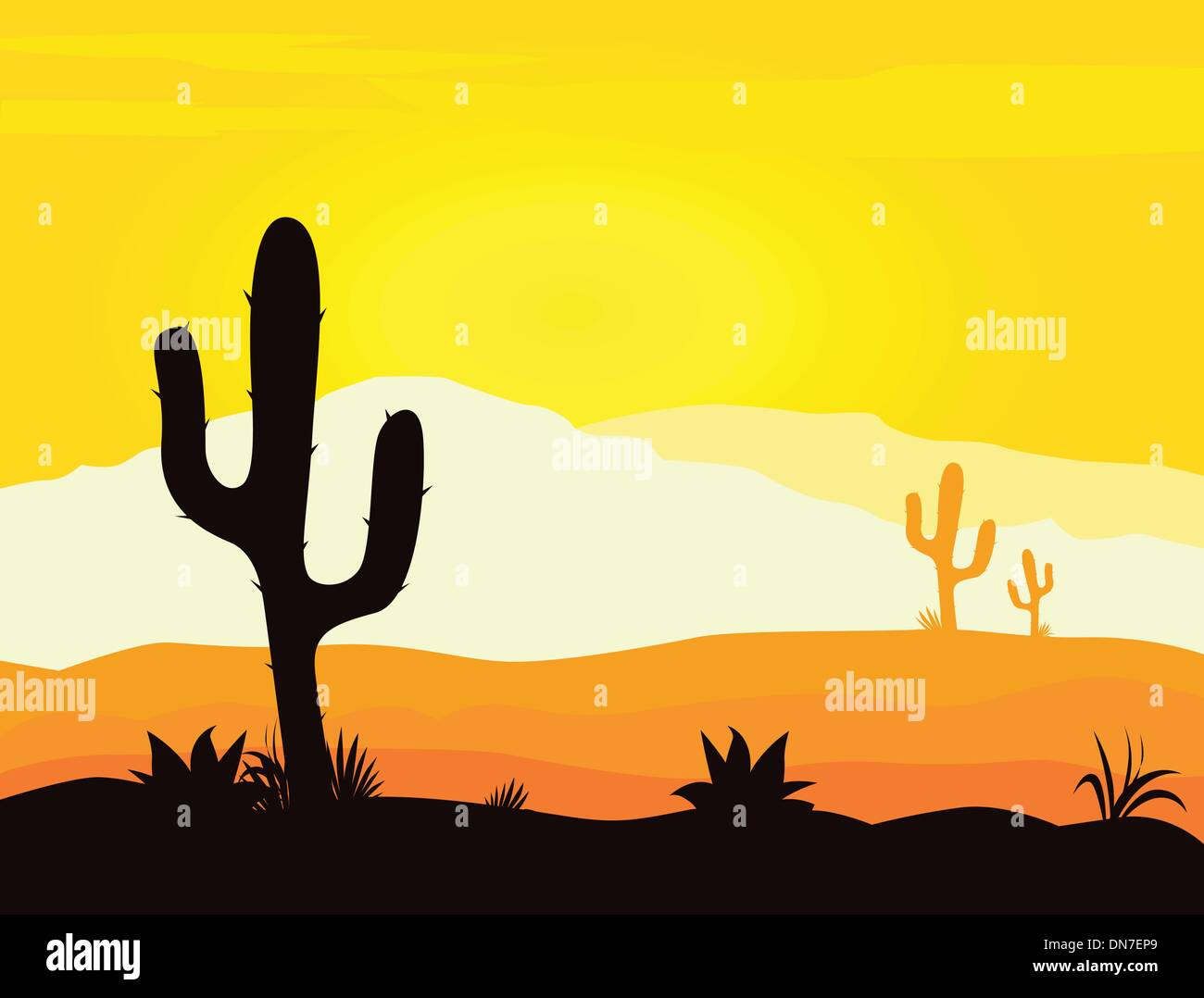 Mexiko Sonnenuntergang Wüste mit Kakteen Pflanzen Silhouette und Berge Stock Vektor