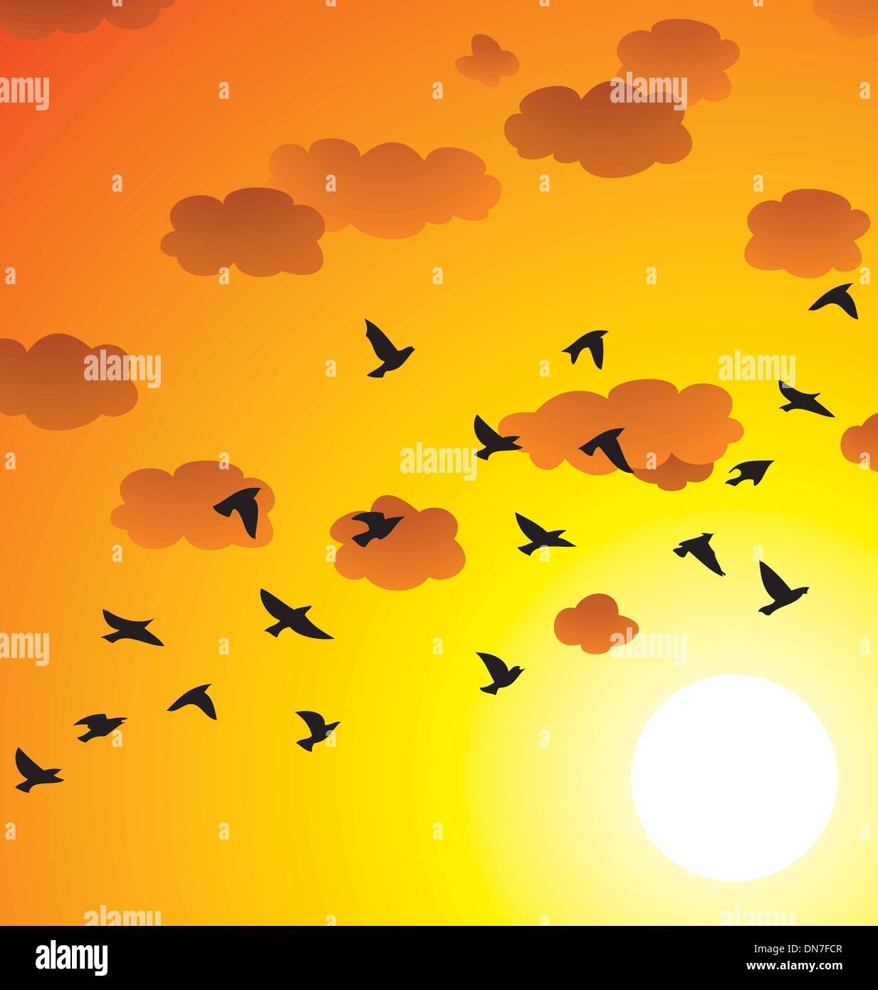Vektor-Herde der fliegende Vögel, Wolken und Sonne Stock Vektor