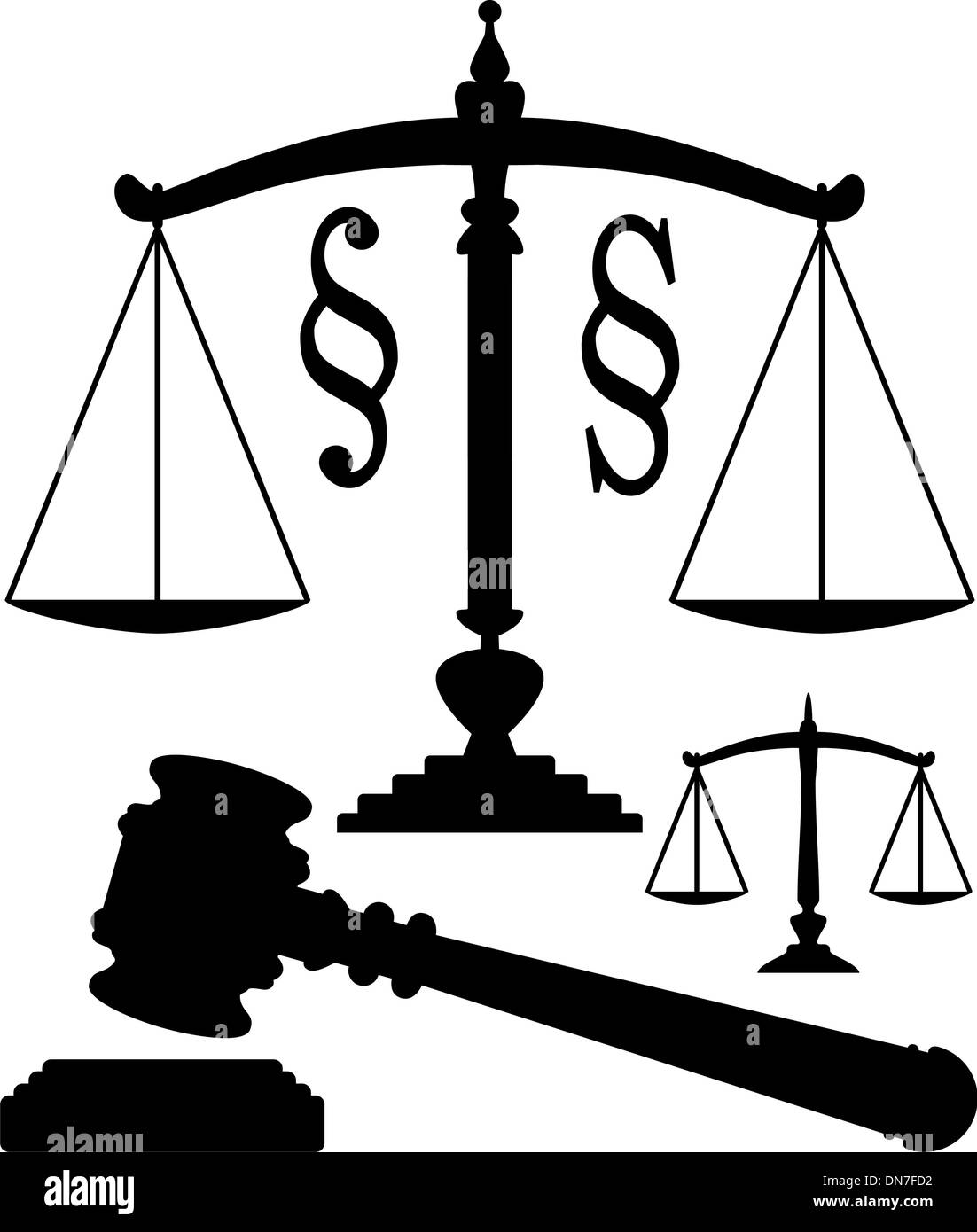 Vektor-Waage der Gerechtigkeit, Hammer und Absatz-Symbole Stock Vektor