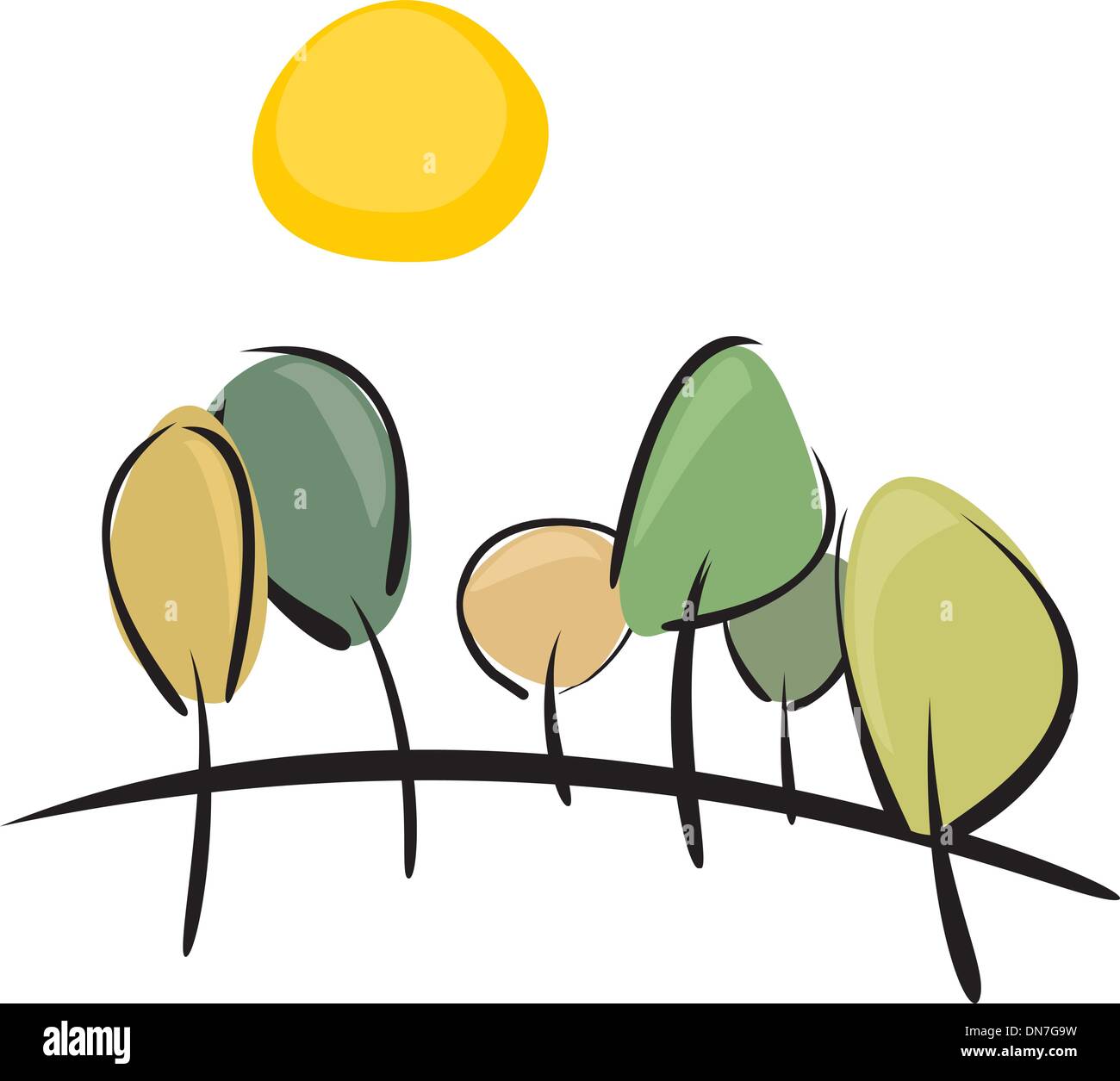 Vektor-Bäume auf Hügel am sonnigen Frühlings- oder Sommertag - Abbildung Landschaft grüner Hain und gelbe Sonne isoliert auf weiss Stock Vektor