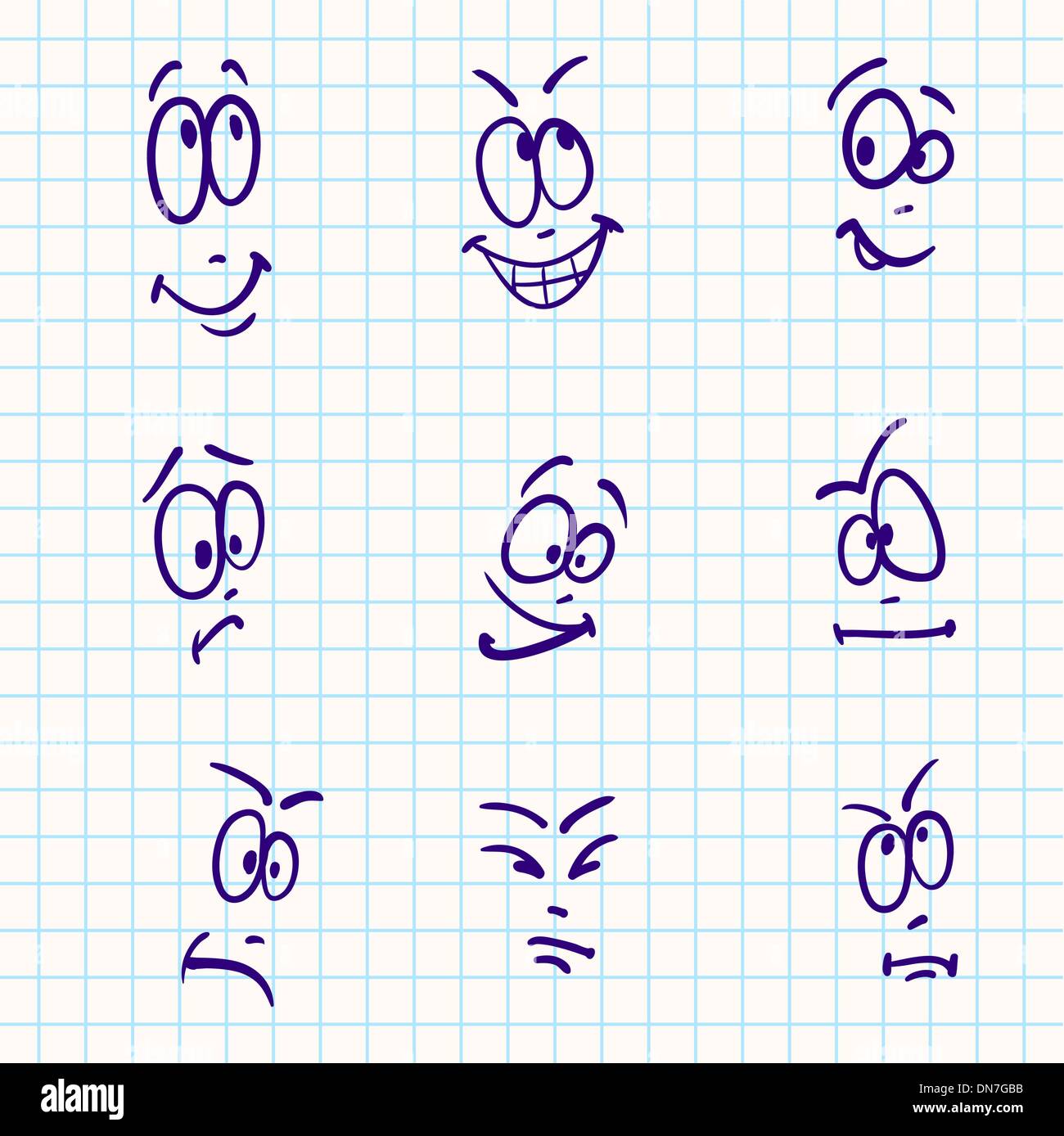 Emotion, Vektor-Set von neun Gesicht auf Papier notebook Stock Vektor