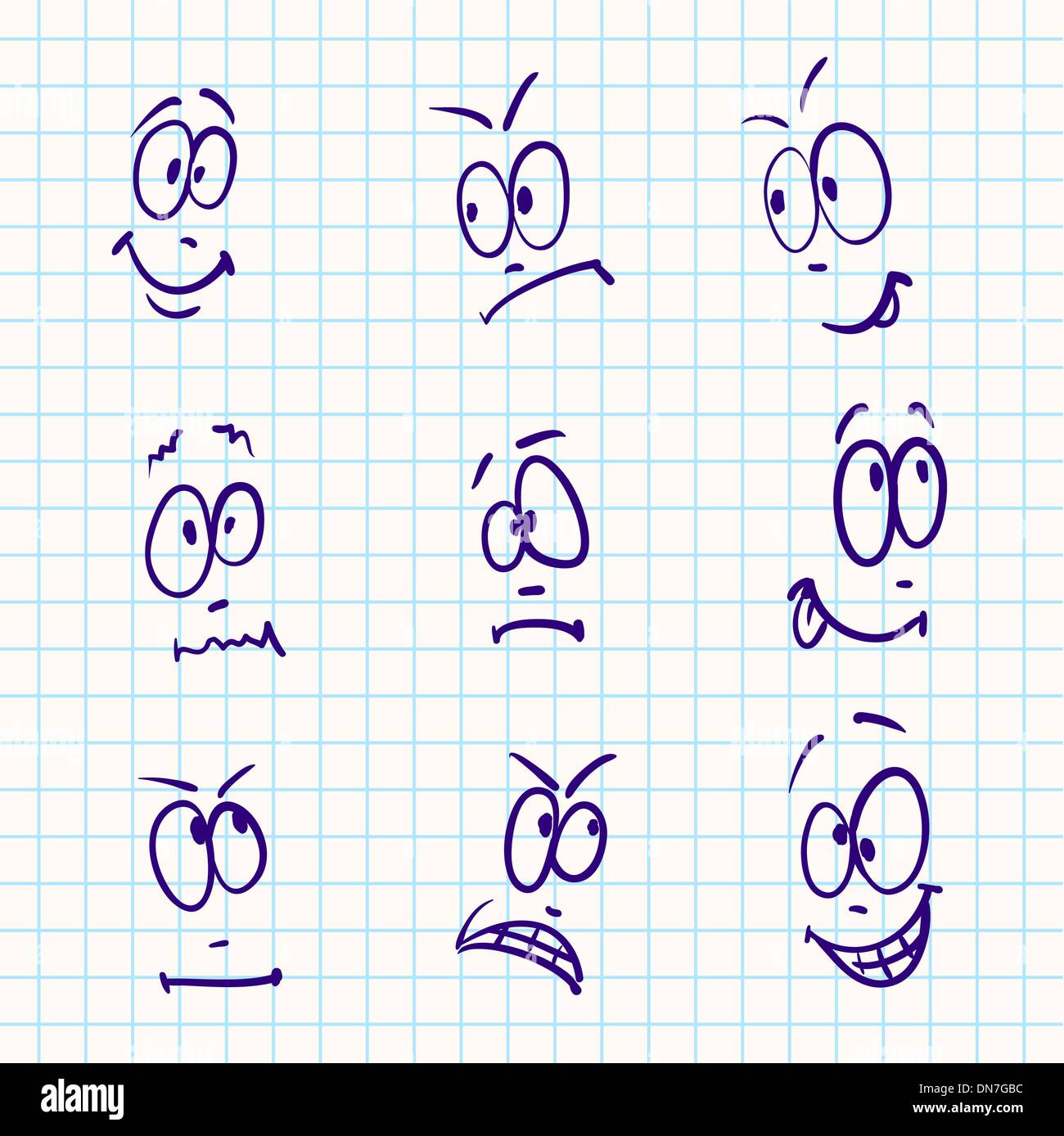 Emotion, Vektor-Set von neun Gesicht auf Papier notebook Stock Vektor