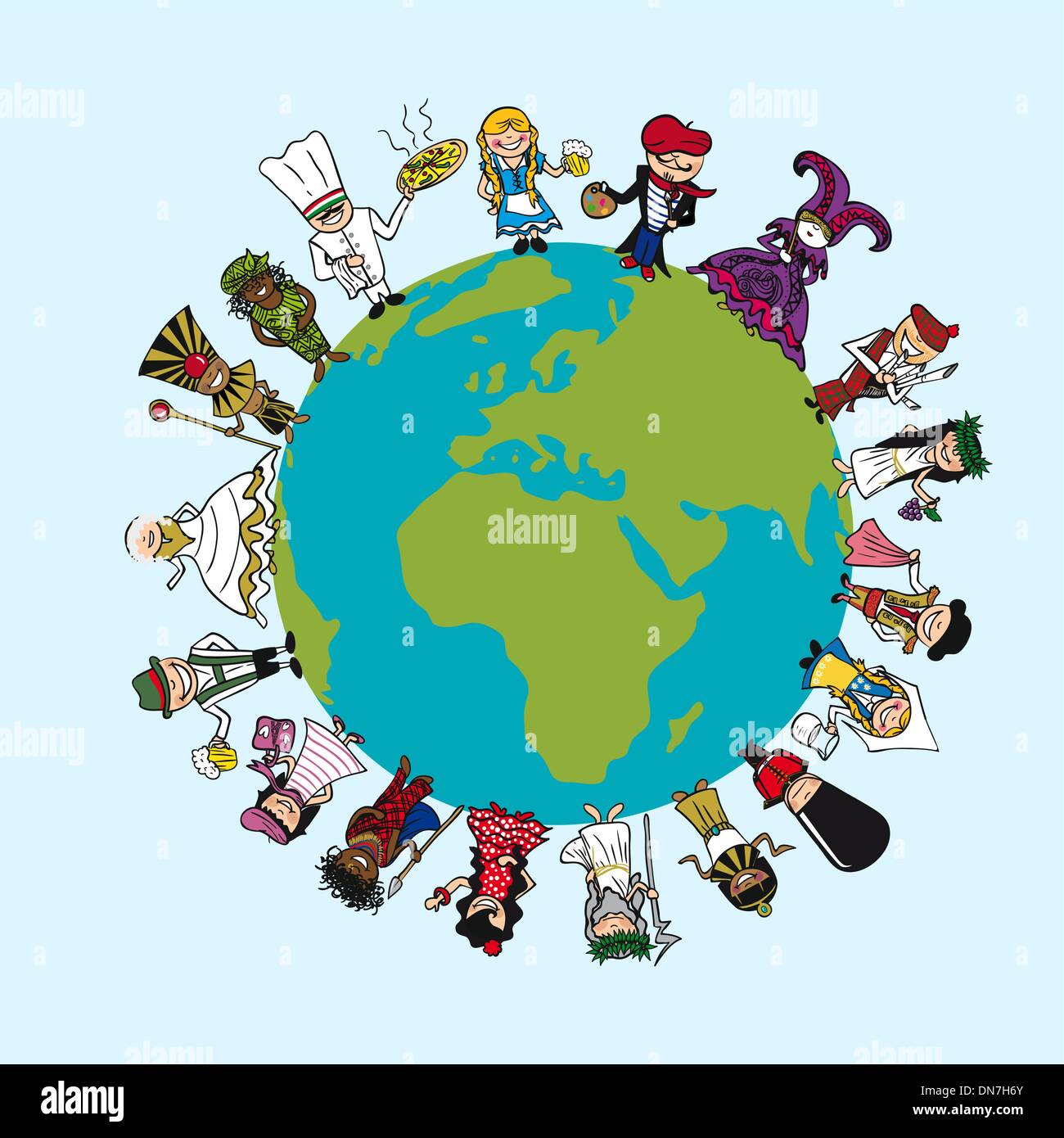 Vielfalt-Menschen-Karikaturen, unverwechselbaren Outfit, Planet Erde illu Stock Vektor