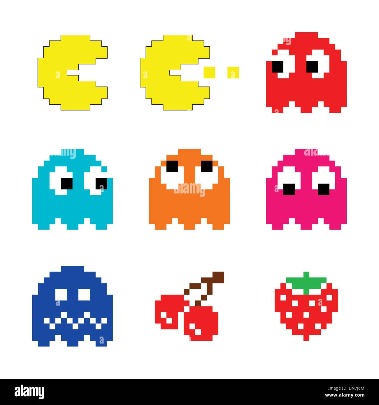 Pacman und Geister 80er Spielsymbole Computersatz Stock Vektor