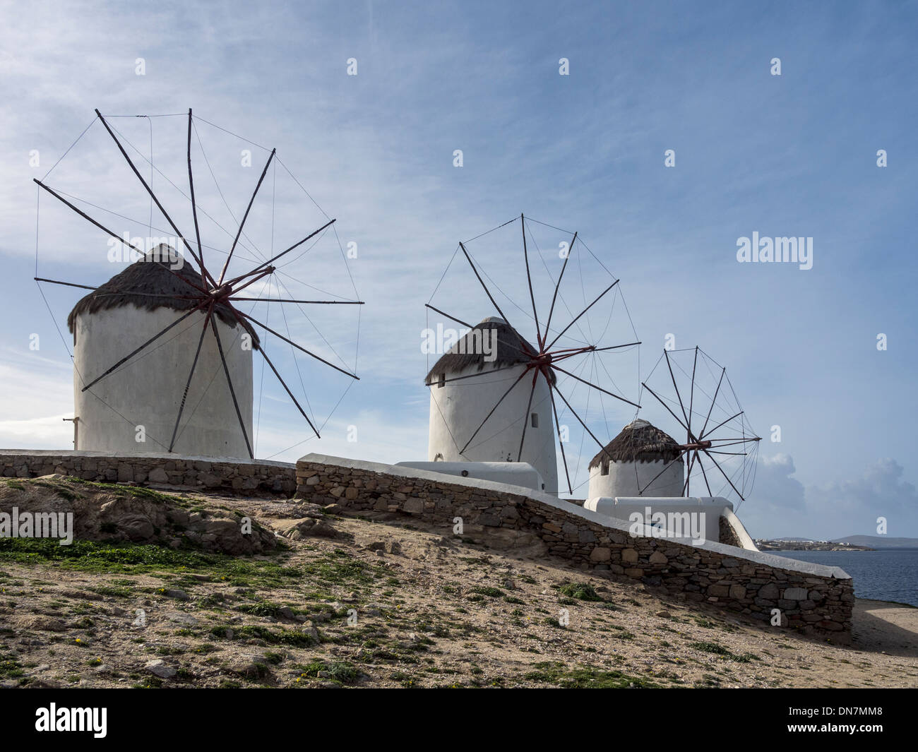Windmühlen auf Mykonos Griechenland Stockfoto