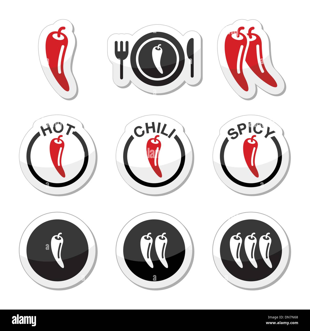 Hot Chili Peppers, und scharfes Essen Symbole festlegen Stock Vektor