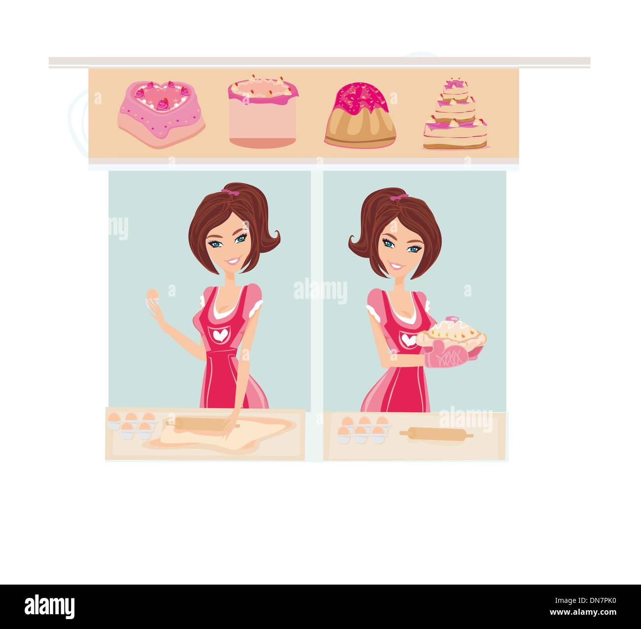 Hausfrau backt Kuchen und Kekse Stock Vektor