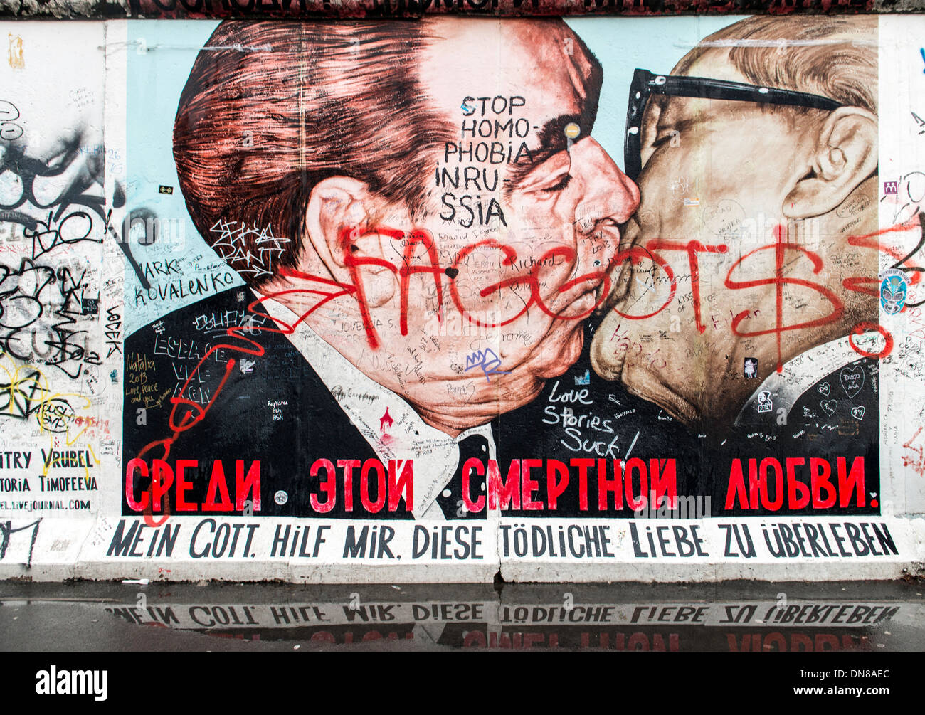 Leonid Brezhnev und Erich Honecker dargestellt auf dem Berliner Mauer Deutschland Europa Stockfoto