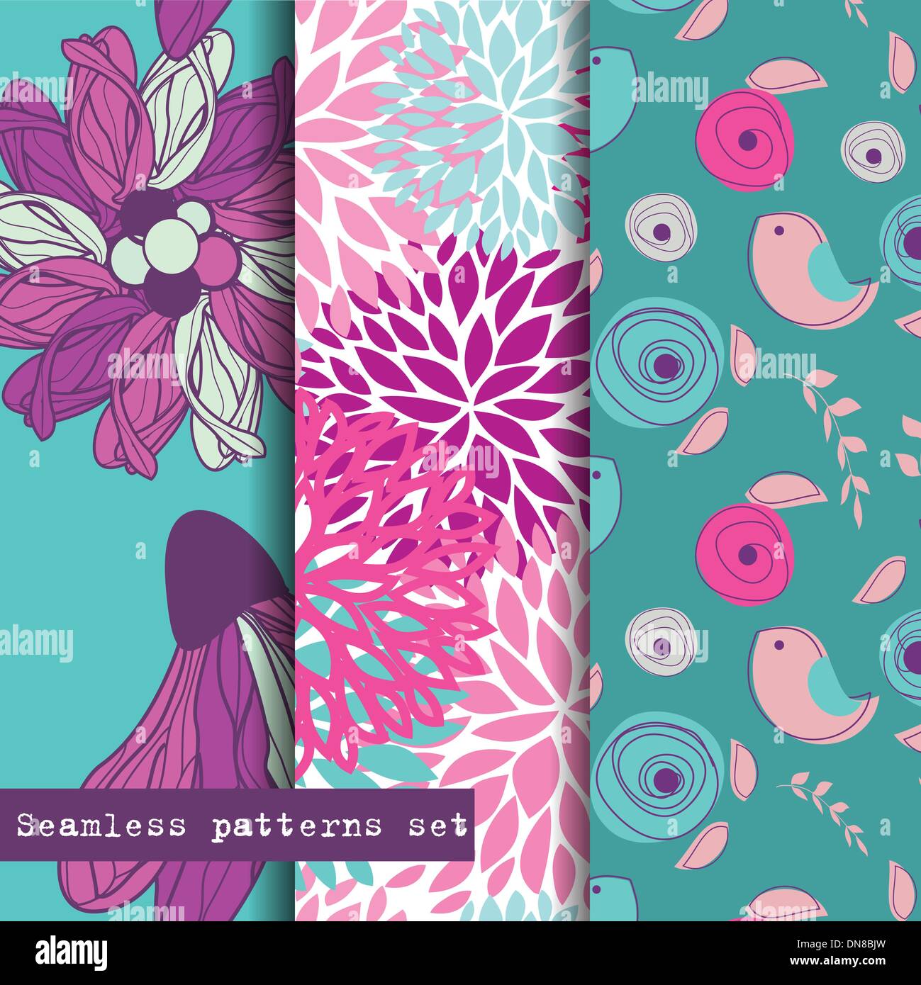 Satz von drei nahtlose Muster. Blumen und Vögel Thema. Stock Vektor