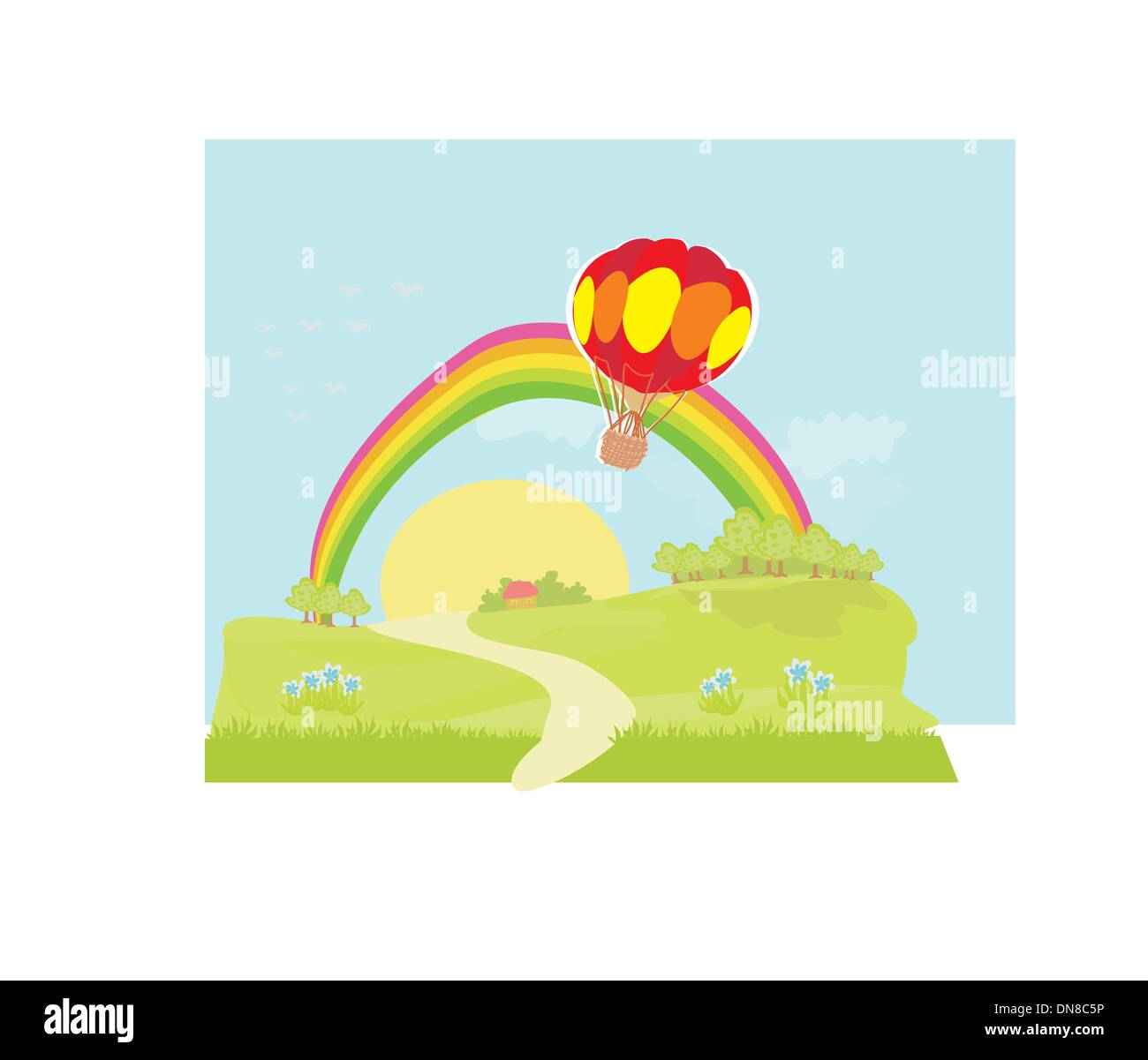 Fantasielandschaft mit Heißluftballon Stock Vektor
