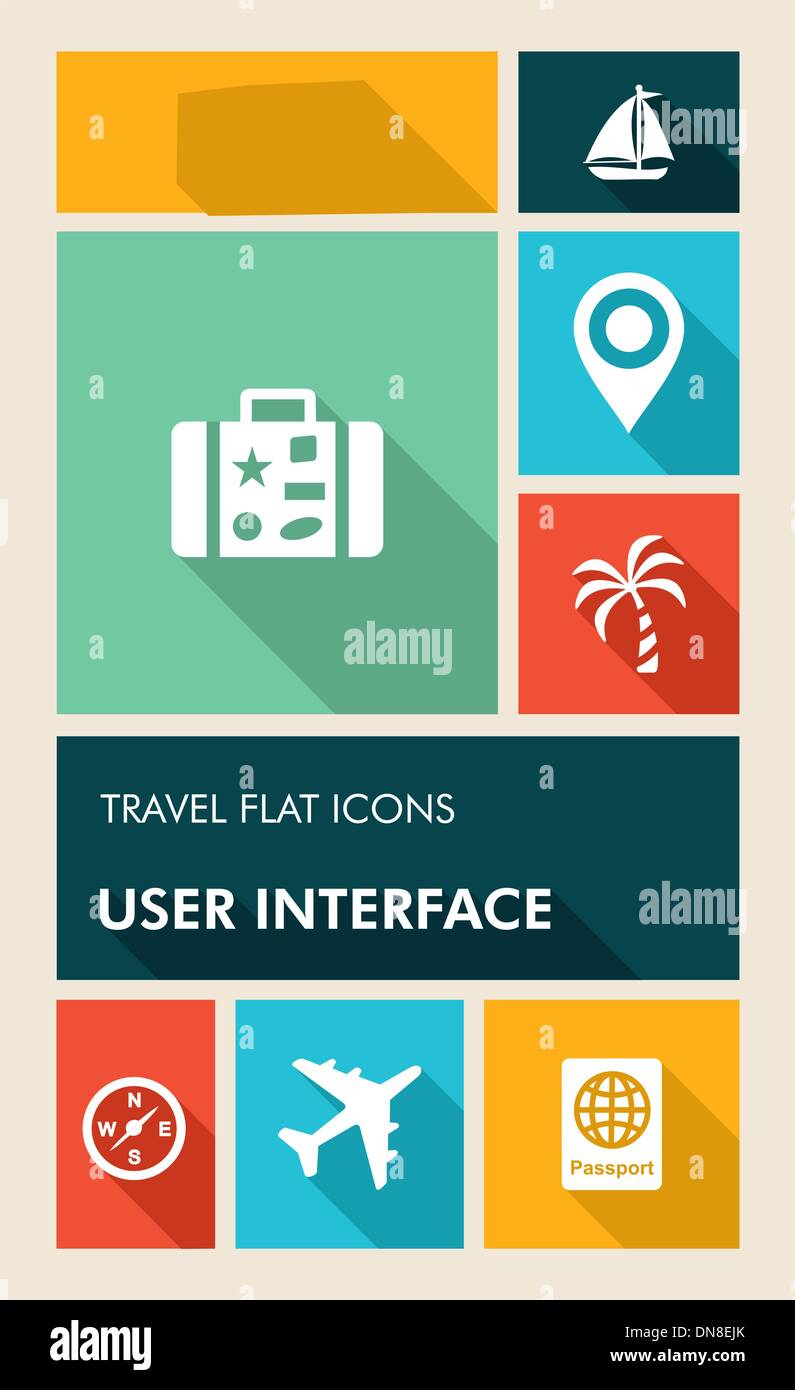 Bunte Reisen UI apps Benutzer Schnittstelle flach Symbole. Stock Vektor