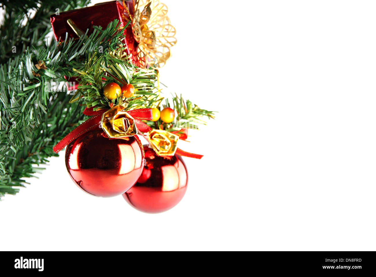 Zwei rote Kugel hängen an Zweig der Weihnachtsbaum Stockfoto